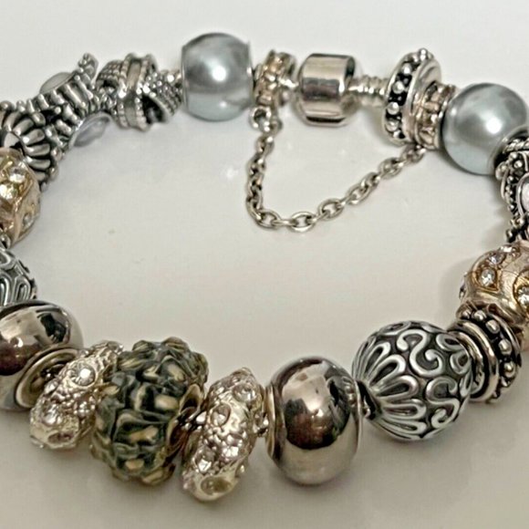 EUROPEAN STYLE CHARM BRACELET with BEADS, Safety Chain, 8.5" Long - Picture 3 of 6